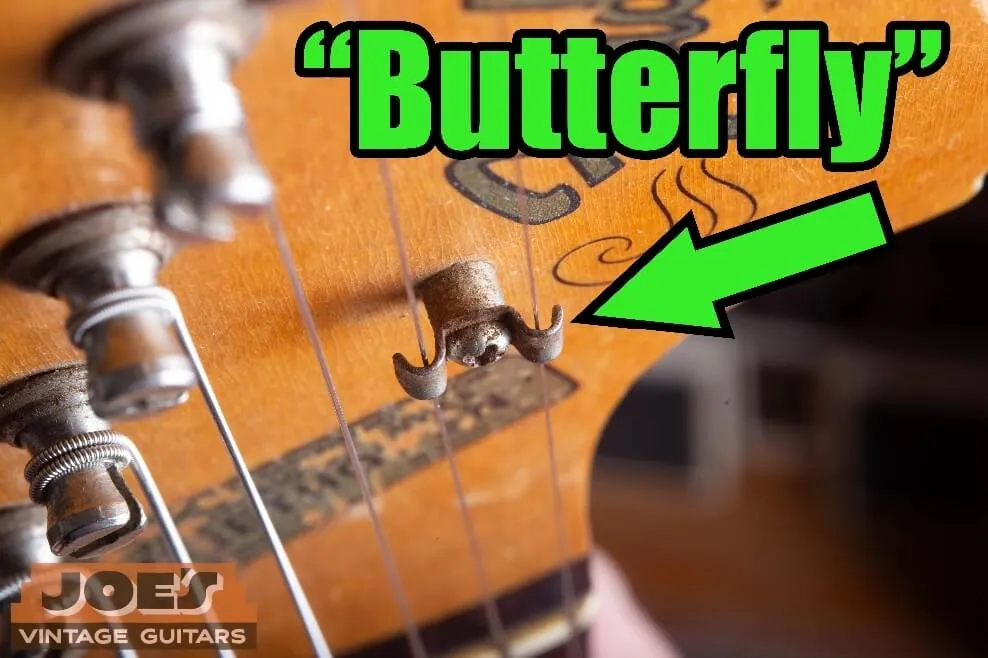 A butterfly or wing string tree on a vintage Fender headstock, from mid-1956 onward
