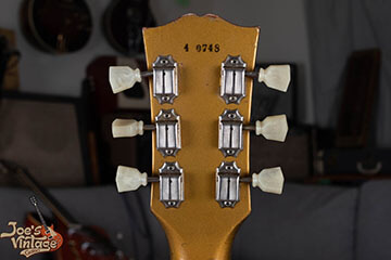 1954 Gibson Les Paul Goldtop headstock showing ink-stamped serial number on back of headstock